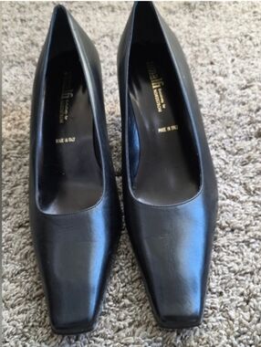 Amalfi Vintage Italian Black Leather Square Toe Block Heel Pumps Women's Size 10